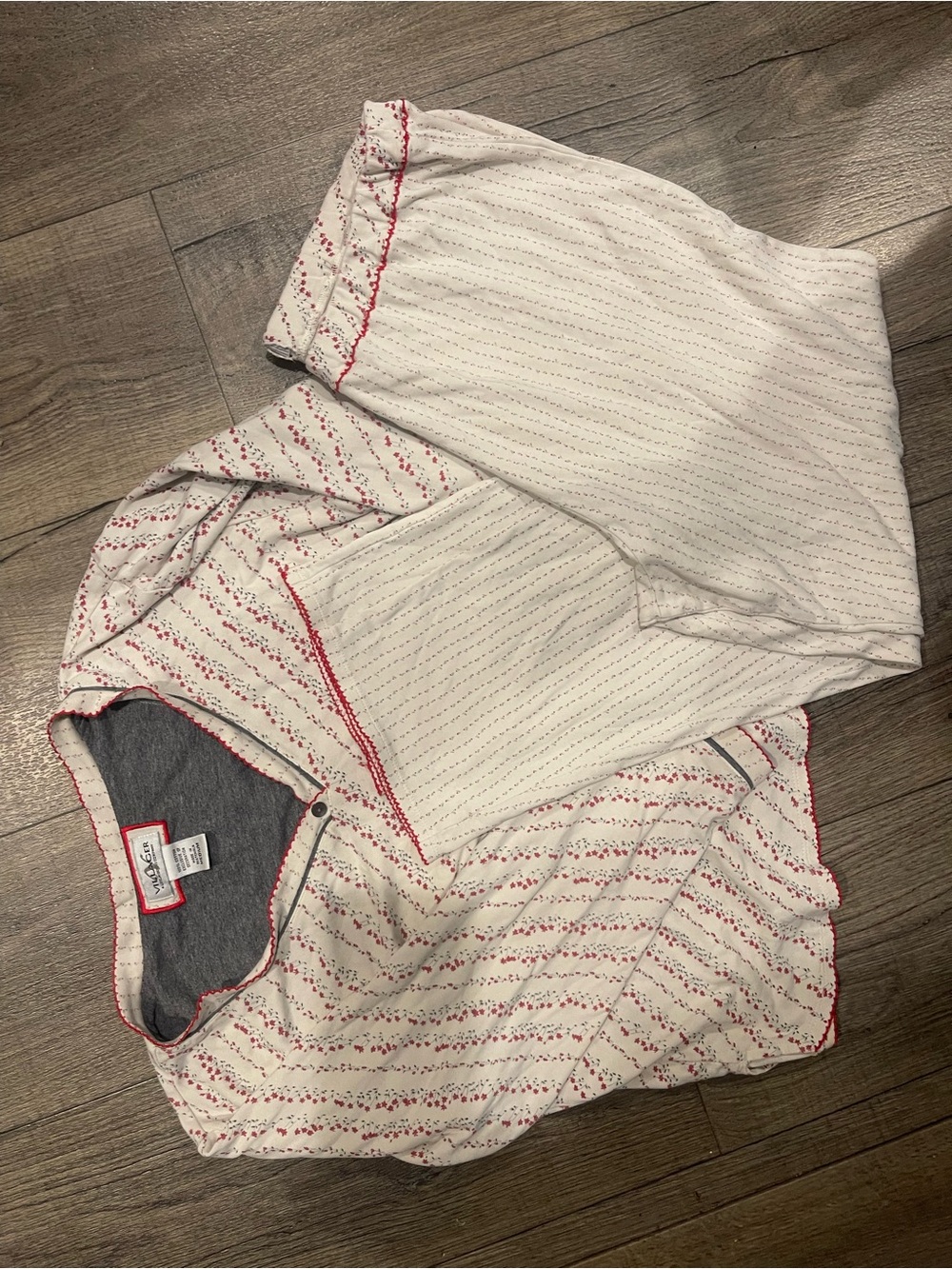 villager Cream Top with Red Dot-Stripe Accents